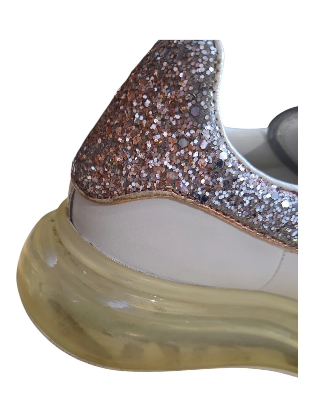 Alexander McQueen Oversized White Leather Glitter Heel Sneakers